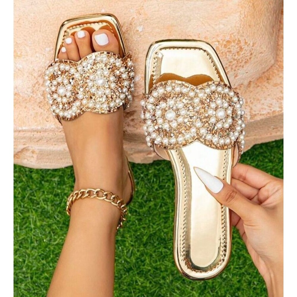 Women's Golden Rhinestone Slippers Sandals Comfortable and Soft Soles Size 11